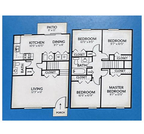 A floor plan of a house with a living room, two bedrooms, a kitchen, a dining room, a bathroom, and a porch.